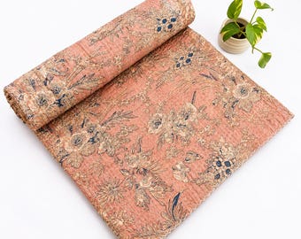 Handmade Dusty Rose Kantha Quilt, Vintage Floral Cotton Bedspread Indian Block Print Quilt Reversible Boho Blanket Cottagecore Bedding Throw