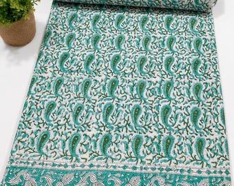 Handmade Block Print Kantha Quilt, Green Paisley Cotton Quilt, Indian Kantha Bedspread, Reversible Boho Blanket, Hand Stitched Throw