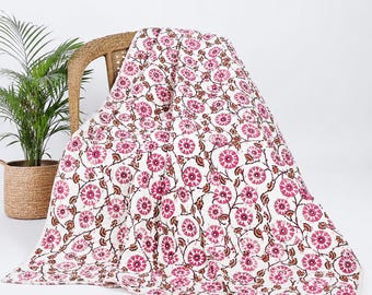 Handmade Kantha Quilt Floral Pink Cotton Bedspread | Indian Block Print Throw Blanket | Reversible Kantha Quilt | Boho Bedding Decor indain