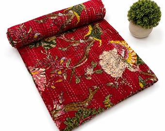 Handmade Kantha Quilt Red Floral | Vintage Indian Cotton Quilt | Reversible Bedspread Blanket | Boho Bedding Throw | Gudri Quilt Queen Size
