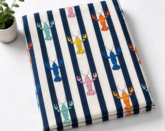 Colorful Lobster Print Cotton Fabric by Yard, Nautical Striped Fabric, Novelty Ocean Fabric, Beach Theme Fabric, Quirky Printed Cotton