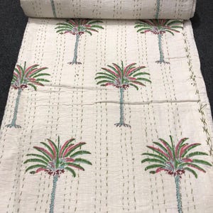 Indian Reversible Cotton Quilt Kantha Floral Cotton Blanket Handmade White bedspread Boho Throw indian quilt handstick quilt green quilt