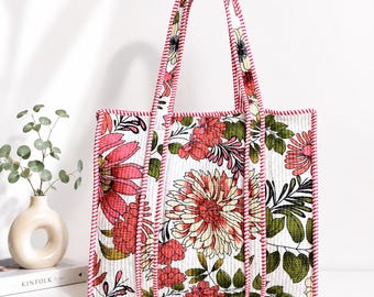 Handmade Floral Cotton Tote Bag, Quilted Zipper Shoulder Bag, Large Botanical Market Tote, Eco Friendly Everyday Bag, Gift for Women