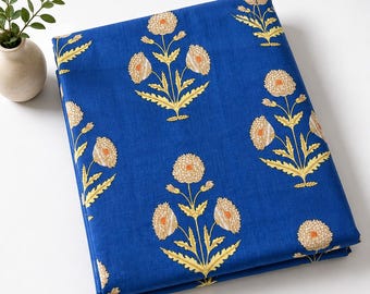 Blue Floral Hand Block Print Fabric by Yard, Indian Cotton Fabric, Indigo Style Boho Fabric, Soft Cotton Dressmaking Fabric, Ethnic Print
