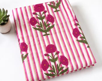 Pink Floral Block Print Fabric by Yard, Indian Cotton Fabric, Hand Block Printed Striped Fabric, Jaipur Print Fabric, Dress Making Fabric