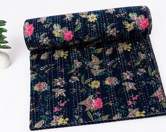 Handmade Kantha Quilt Navy Blue Floral Reversible Cotton Kantha Blanket Indian Handstitched Throw Vintage Style Bedspread Boho Home Decor