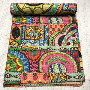 Handmade Kantha Quilt Colorful Patchwork Cotton Blanket Reversible Boho Bedding Vintage Kantha Quilt Hand Stitched Patchwork Throw Colorful