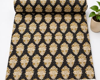 Handmade Kantha Quilt Black Mustard Floral Bedspread, Indian Block Print Cotton Blanket, Boho Bedding, Reversible Kantha Quilt Indian quilt
