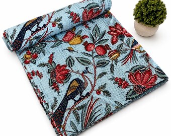 Handmade Kantha Quilt Blue Bird Floral | Indian Cotton Quilt Throw | Reversible Bedspread Blanket | Boho Bedding Decor | Vintage Gudri Quilt