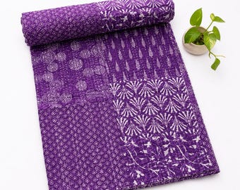 Handmade Purple Patchwork Kantha Quilt, Indian Block Print Cotton Bedspread Reversible Boho Blanket Vintage Kantha Throw Cottagecore Bedding
