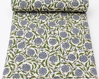 Handmade Kantha Quilt Blue Green Floral Bedspread Botanical Cotton Blanket Indian Block Print Bedding Boho Cottage core Throw Lightweight