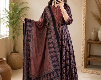 Indian Ryon Anarkali Dress Set Black Maroon Block Print Kurta Pant Dupatta Women's Ethnic Festival Outfit indian kurti Ethnic cotton dress