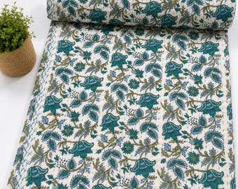 Handmade Block Print Kantha Quilt Floral Cotton Quilt Indian Kantha Blanket Reversible Bedspread Teal Green Throw Boho Bedding Indian kantha