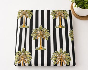 Hand Block Print Cotton Fabric by Yard, Black White Stripe Palm Tree Fabric, Indian Handmade Textile, Tropical Coastal Fabric Indian fabric