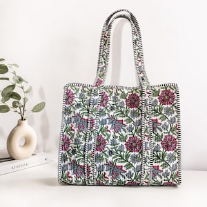 Handmade Quilted Tote Bag | Floral Block Print Cotton Shoulder Bag | Large Reusable Market Tote | Indian Handmade Everyday Travel Bag
