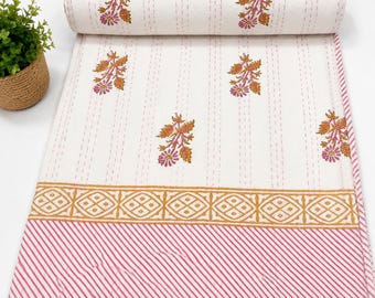 Handmade Block Print Kantha Quilt, White Floral Cotton Quilt, Indian Kantha Bedspread, Hand Stitched Blanket, Minimal Boho Bedding Throw