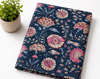 Indian Hand Block Print Fabric by Yard, Navy Blue Floral Cotton Fabric, Traditional Handmade Textile, Boho Fabric for Dress, Quilting
