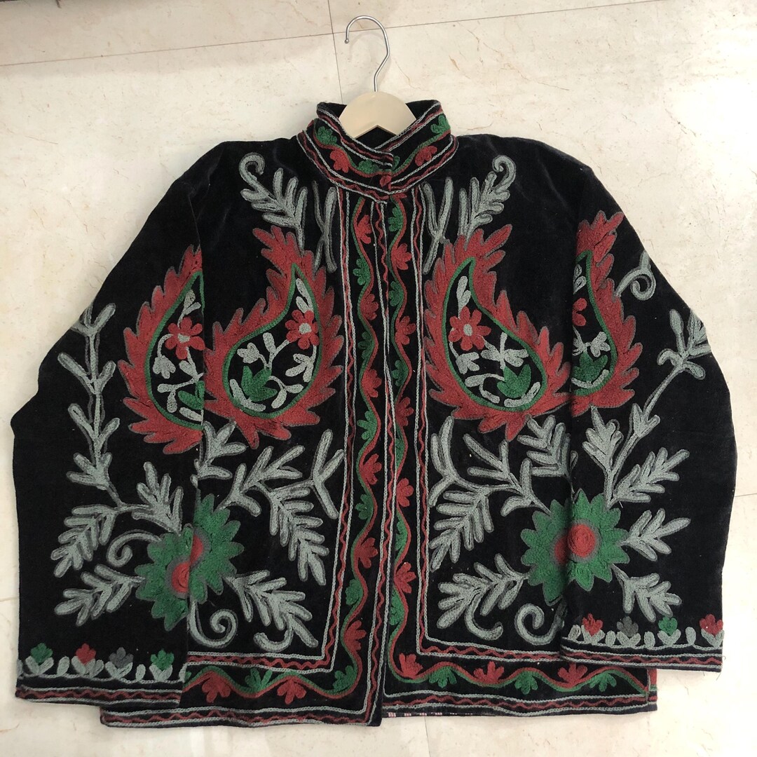 Hand Embroidered Kashmiri Jacket, Black Floral Paisley Coat, Vintage ...