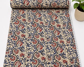 Handmade Kantha Quilt Floral Bedspread Red Blue Block Print Cotton Blanket Indian Boho Bedding Reversible Throw Kantha Quilt Lightweight