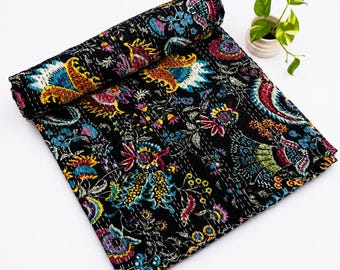 Handmade Black Kantha Quilt, Boho Floral Cotton Bedspread, Indian Reversible Quilt, Paisley Kantha Blanket, Maximalist Bedding Throw