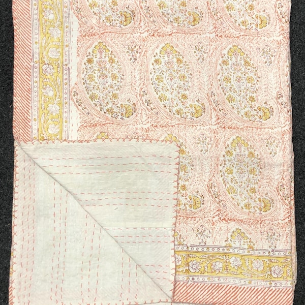 Handmade Kantha Quilt Block Print Cotton Quilt Reversible Indian Kantha Blanket Floral Paisley Bedspread Lightweight Summer Throw pink quilt