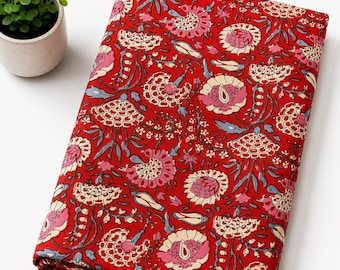 Indian Hand Block Print Fabric by Yard, Red Floral Cotton Fabric, Boho Vintage Textile, Handmade Indian Fabric for Dress