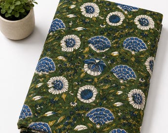 Indian Hand Block Print Fabric by Yard, Green Floral Cotton Fabric, Blue White Boho Textile, Handmade Indian Fabric for Dress Indian fabric