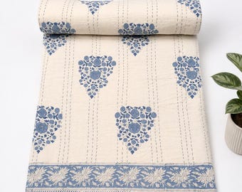 Handmade Kantha Quilt Bedspread Blue Floral Cotton Quilt Indian Block Print Blanket Reversible Throw Boho Bedding Lightweight Summer Quilt