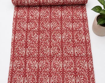 Handmade Kantha Quilt Red Floral Bedspread Block Print Cotton Blanket Indian Boho Bedding Reversible Throw Quilt Soft Summer Blanket