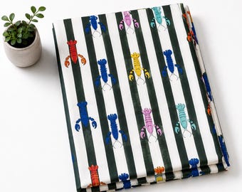 Green Striped Lobster Print Cotton Fabric by Yard, Coastal Nautical Fabric, Preppy Ocean Theme Fabric, Novelty Cotton Fabric Indian fabric