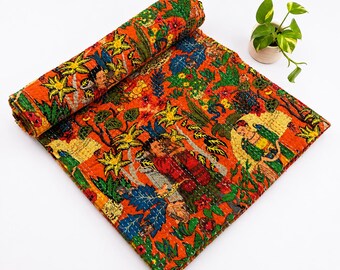 Handmade Orange Kantha Quilt, Indian Folk Art Cotton Bedspread, Reversible Block Print Quilt, Boho Blanket, Maximalist Bedding Throw