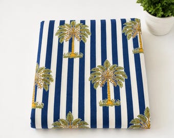 Hand Block Print Cotton Fabric by Yard, Blue White Stripe Palm Tree Print Fabric, Indian Handmade Textile, Boho Coastal Fabric Indian kantha