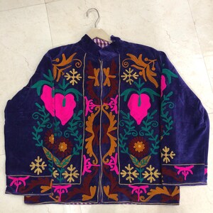 Purple Velvet Suzani Jacket Handmade Embroidered Boho Coat  Uzbek Floral Textile  Heart Motif Statement Jacket Ethnic Festival Wear