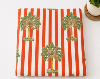 Hand Block Print Cotton Fabric by Yard Red White Stripe Palm Tree Fabric Tropical Indian Handmade Textile Boho Coastal Fabric Indian fabric
