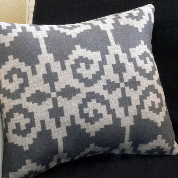 Ikat throw pillow, Pendleton wool fabric, XL, handmade, slate grey and  tan heather  20 x 18