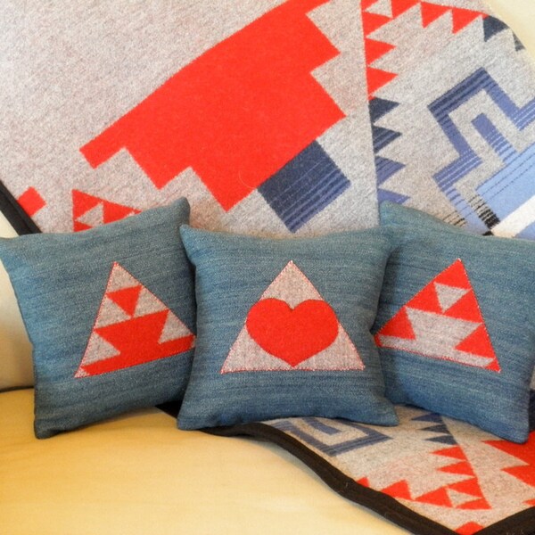 Pendleton wool pillow tribal handmade original design appliqued on a set of 3 pillows, denim and wool  8x8 each