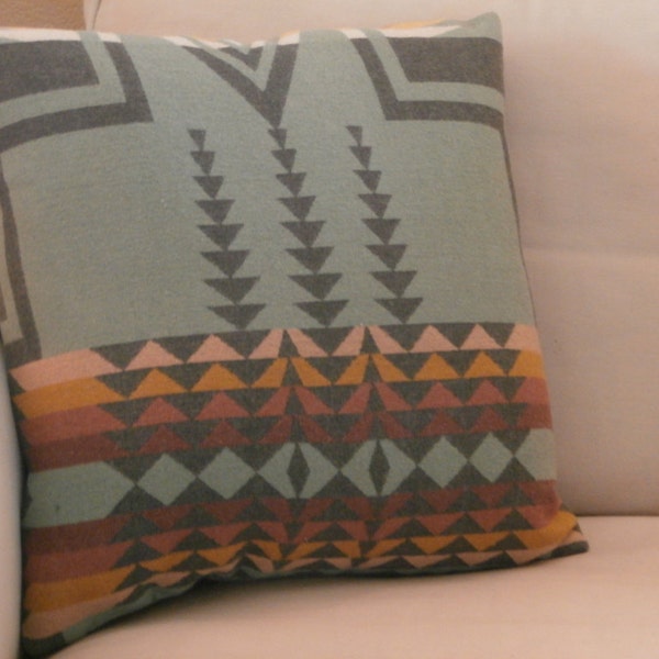 Tribal pillow, fabric from Pendleton Oregon, colors of the earth, sage, tan, gold, cream, 18 x 18