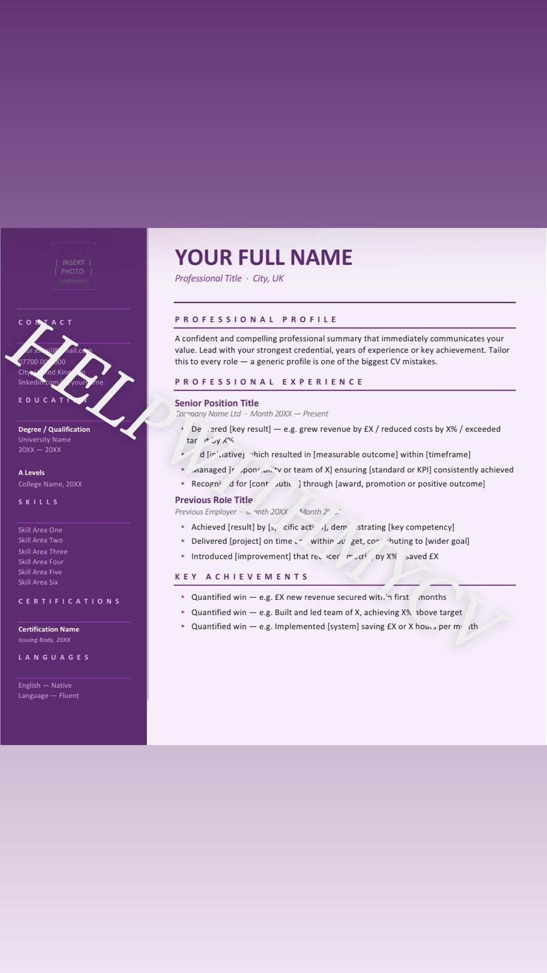 Plum Purple CV Template Word | Modern UK Resume (digital Download) - Etsy