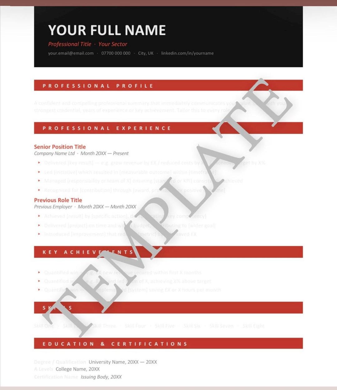 Gunmetal Red CV Template Word | Modern UK Resume (digital Download) - Etsy