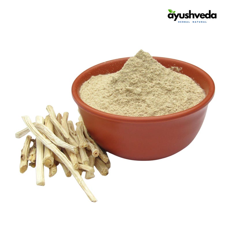 May include: A terracotta bowl filled with light brown powder, next to a pile of light-colored, dried plant stems. The image is set against a white background. The top right corner features the text "ayushveda HERBAL NATURAL".