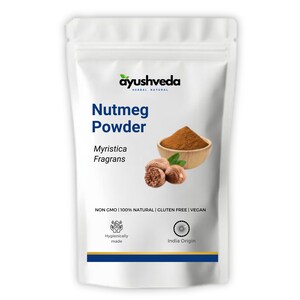 May include: A white packet of nutmeg powder with the text "Nutmeg Powder" and "Myristica Fragrans". The packet features an illustration of nutmeg and a wooden bowl of powder. The text "NON GMO | 100% NATURAL | GLUTEN FREE | VEGAN" is also visible.