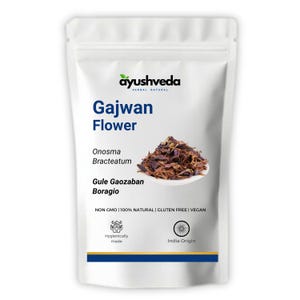 May include: A white packet featuring the text "Gajwan Flower" and the brand name "ayushveda". The packet contains dried flowers on a white plate. The text "Onosma Bracteatum" and "Gule Gaozaban Boragio" are also visible.