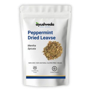 May include: A white resealable pouch containing dried peppermint leaves, labelled with the brand name ayushveda, the text Peppermint Dried Leavse, Mentha Spicata, and icons indicating non-GMO, natural, gluten-free, vegan, and India origin.