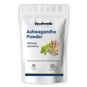 May include: White pouch of Ashwagandha Powder by Ayushveda. The package features text including "Ashwagandha Powder" and "Withania Somnifera". The image includes a bundle of ashwagandha roots and green leaves. The package is labeled as non-GMO, 100% natural, gluten-free, and vegan.
