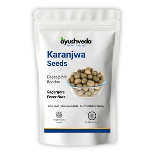 May include: A white stand-up pouch containing Karanjwa seeds, also known as Caesalpinia Bonduc or Sagargota Fever Nuts. The packaging features the Ayushveda logo, text stating Non GMO, 100% Natural, Gluten Free, Vegan, and India Origin.