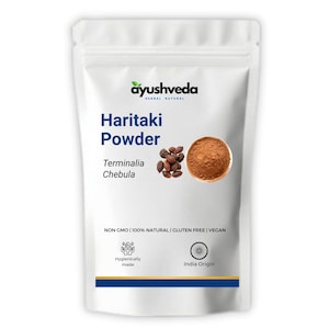 May include: A white pouch of Haritaki Powder from Ayushveda. The package features the text "Haritaki Powder" and "Terminalia Chebula". The image includes a small bowl of brown powder and a cluster of brown seeds. The package also states "NON GMO | 100% NATURAL | GLUTEN FREE | VEGAN".