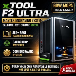 Bold banner highlighting the 284-page master engraving guide, coin engraving system, and MOPA laser settings.
