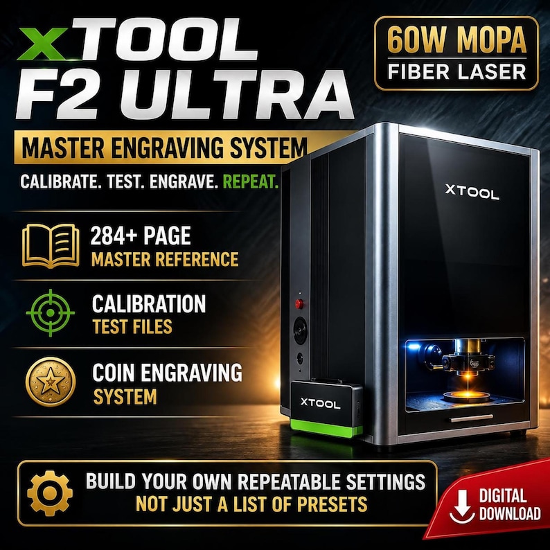 Bold banner highlighting the 284-page master engraving guide, coin engraving system, and MOPA laser settings.