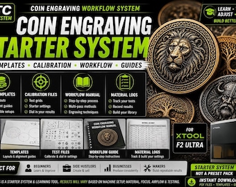 Guía de grabado de monedas xTool F2, sistema de configuración del flujo de trabajo, hojas de prueba para resultados repetibles.