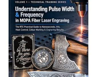 Puede incluir: Una portada de libro titulada RTC Laser Masterclass Volume 1 Technical Training Series Understanding Pulse Width & Frequency in MOPA Fiber Laser Engraving. Muestra una máquina de grabado láser, un letrero negro, una moneda, un hacha y un cuchillo.